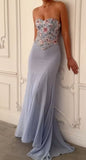 Fairy Blue Embroidery Floral Prom Dresses Slim Chiffon Evening Party HZ0307