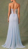 Fairy Blue Embroidery Floral Prom Dresses Slim Chiffon Evening Party HZ0307