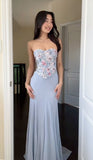 Fairy Blue Embroidery Floral Prom Dresses Slim Chiffon Evening Party HZ0307