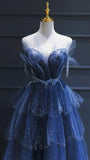 Fairy Blue Tulle Ruffle Prom Dresses V-neck Long Evening Party Dress With HZ0307