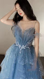 Fairy Blue Tulle Ruffle Prom Dresses V-neck Long Evening Party Dress With HZ0307