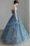 Fairy Blue Tulle Ruffle Prom Dresses V-neck Long Evening Party Dress With HZ0307
