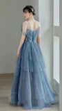 Fairy Blue Tulle Ruffle Prom Dresses V-neck Long Evening Party Dress With HZ0307