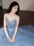 Fairy Blue Tulle Ruffle Prom Dresses V-neck Long Evening Party Dress With HZ0307