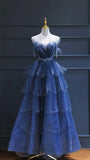 Fairy Blue Tulle Ruffle Prom Dresses V-neck Long Evening Party Dress With HZ0307