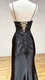 Fashion Black Spaghetti Straps Appliques Prom Dresses Long Evening Party Dress With HZ0307
