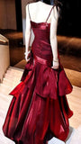 Burgundy Mermaid Prom Dress with Ruffles - Spaghetti Strap Evening HZ0307