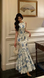 Fashion Floral Blue White Mermaid Prom Dresses Sleeveless Evening Party HZ0307
