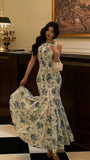 Fashion Floral Blue White Mermaid Prom Dresses Sleeveless Evening Party HZ0307