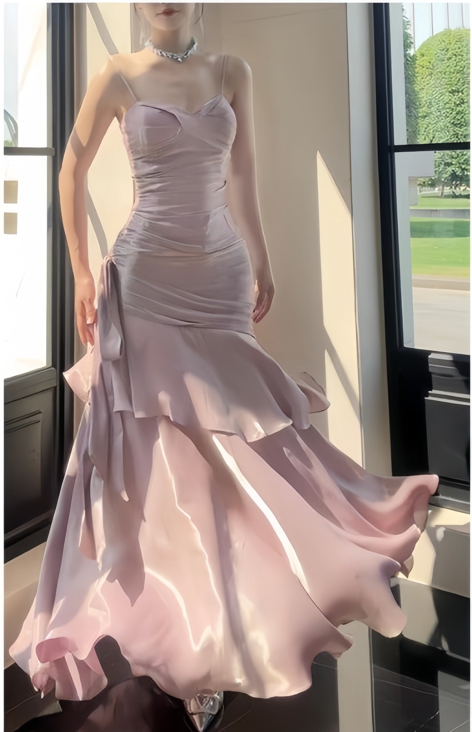 Burgundy Mermaid Prom Dress with Ruffles - Spaghetti Strap Evening HZ0307