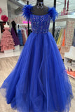 Feather Straps Beaded Blue Tulle Long Formal HZ0307
