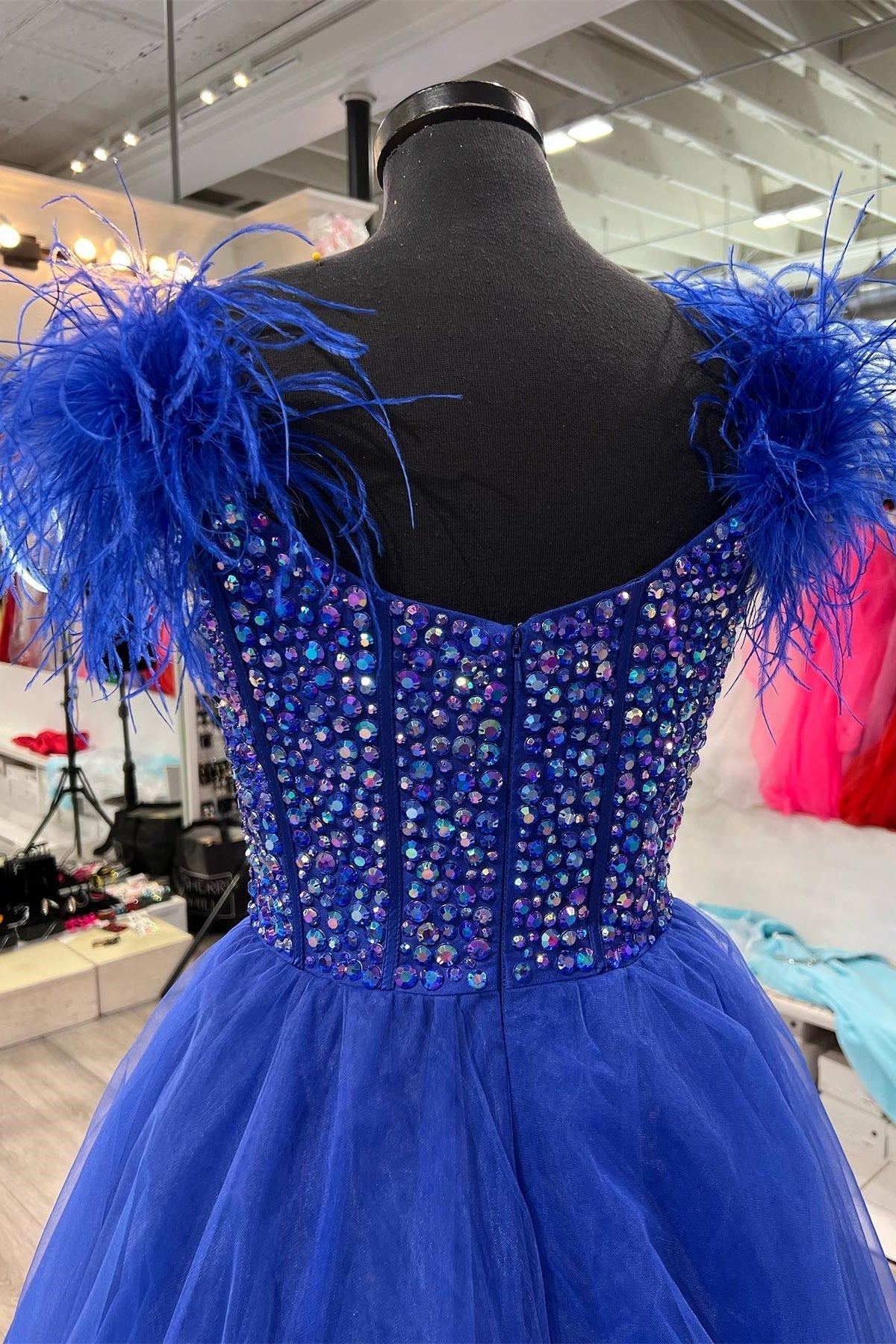 Feather Straps Beaded Blue Tulle Long Formal HZ0307