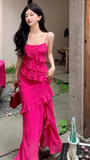 Fuchsia Chiffon Ruffle Party Dresses Spaghetti Straps Prom HZ0307