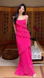 Fuchsia Chiffon Ruffle Party Dresses Spaghetti Straps Prom HZ0307
