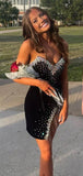 Glitter Black Homecoming Dresses Tight Beaded Velvet Short Prom HZ0307