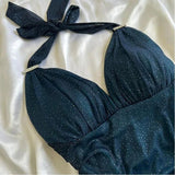 Glitter Halter Chiffon Prom Dress With Side Ruffle, HZ0307