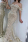 Glitter Light Champagne Mermaid Long Prom Dresses Off The Shoulder Evening HZ0307