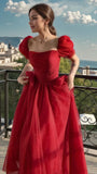 Glitter Red A-line Tulle Prom Dresses, Short Sleeves Birthday HZ0307