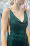 Glitters Dark Green Sequin Mermaid Long Formal Dress with Cowl HZ0307
