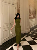 Gorgeous Mermaid High Neckline Green Satin Floral Date Night Dress Long Prom Dresses Birthday Outfits , HZ0307