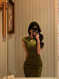 Gorgeous Mermaid High Neckline Green Satin Floral Date Night Dress Long Prom Dresses Birthday Outfits , HZ0307