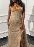 Gorgeous Mermaid Spaghetti Straps Floor Length Sequin Slit Evening Dress Prom Dresses, HZ0307
