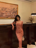 Gorgeous Sheath Square Neckline Long Sleeves Pink Lace Date Night Dress Long Prom Dresses Birthday Outfits, HZ0307