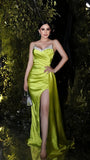 Green Beaded Pleated Party Dress, Long Evening Prom Dress With Side Slit, HZ0307