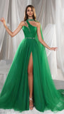 Green Tulle A-Line Evening Prom Dresses With Slit, HZ0307