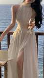 Halter Ivory Chiffon Long Prom Dresses With Slit, HZ0307