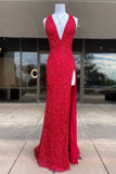 Halter Red Sequin Mermaid Side Slit Prom HZ0307