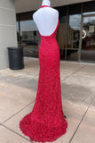 Halter Red Sequin Mermaid Side Slit Prom HZ0307