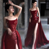 High Quality Burgundy Sequin Prom Dresses, Satin Formal Gown With Sexy HZ0307