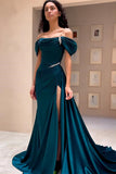High Quality Off The Shoulder Dark Green Satin Prom Dresses Beaded Evening HZ0307