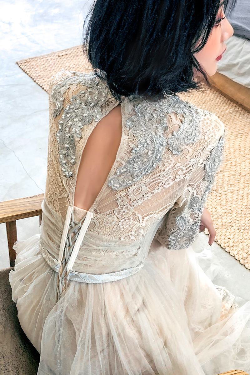 High Neck Light Champagne Long Sleeves Evening HZ0307