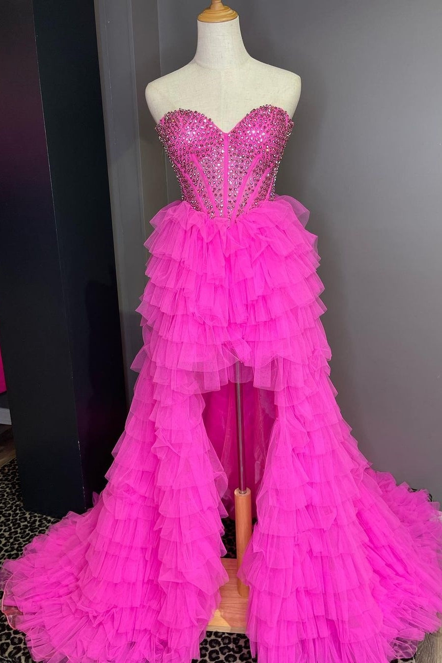Hot Pink Beaded Sweetheart High Low Layers Formal HZ0307