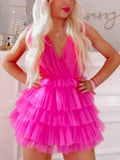 LTP1755, Hot Pink Tulle A-Line Homecoming Dress, V-Neck Party Hoco HZ0307