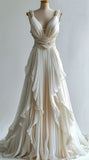 Ivory Pleated A-line Ruffle Evening Prom Dress, Chiffon Sleeveless Bridal Dress, HZ0307