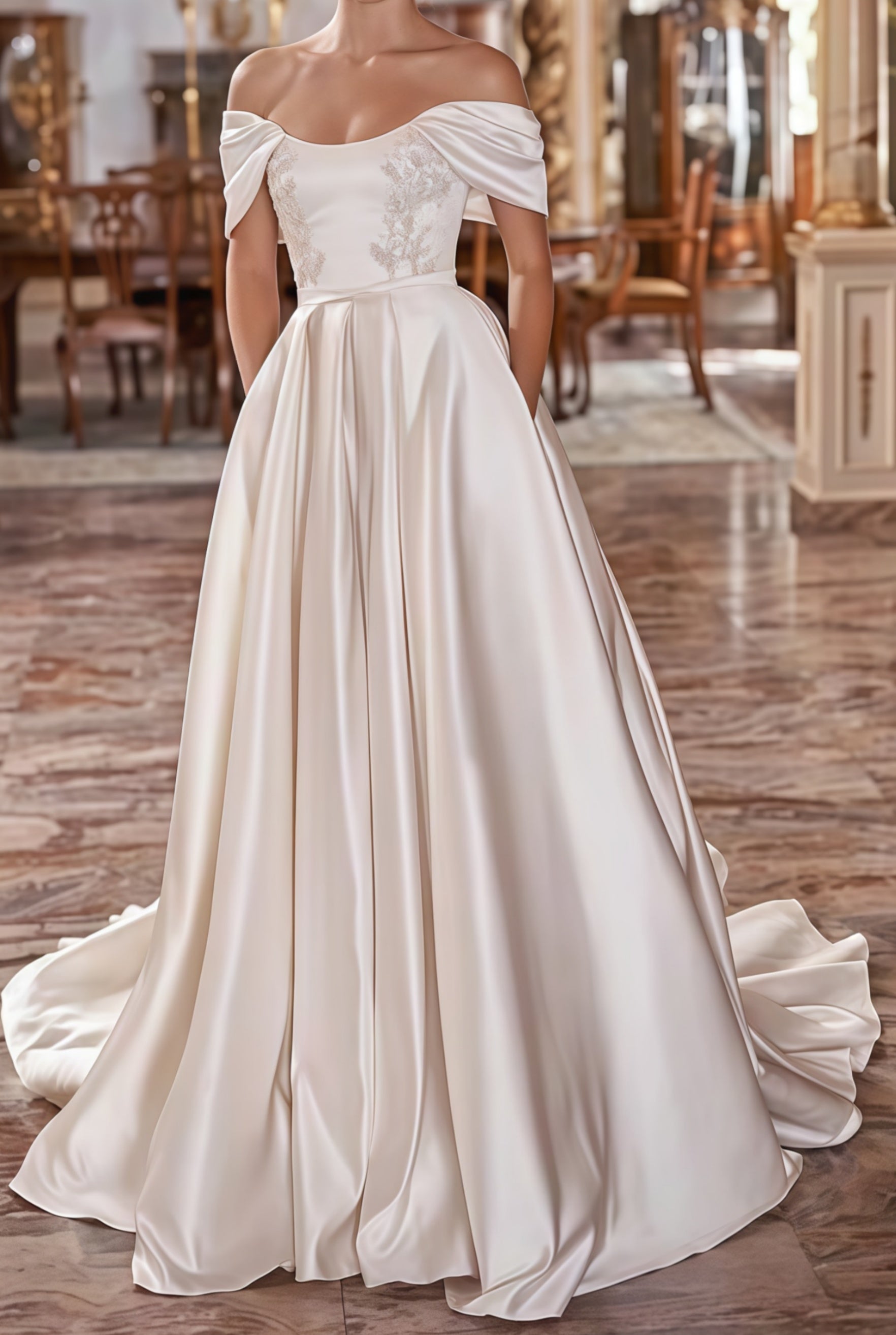 Ivory A-Line Satin Wedding Dresses High Quality Appliques Bridal HZ0307