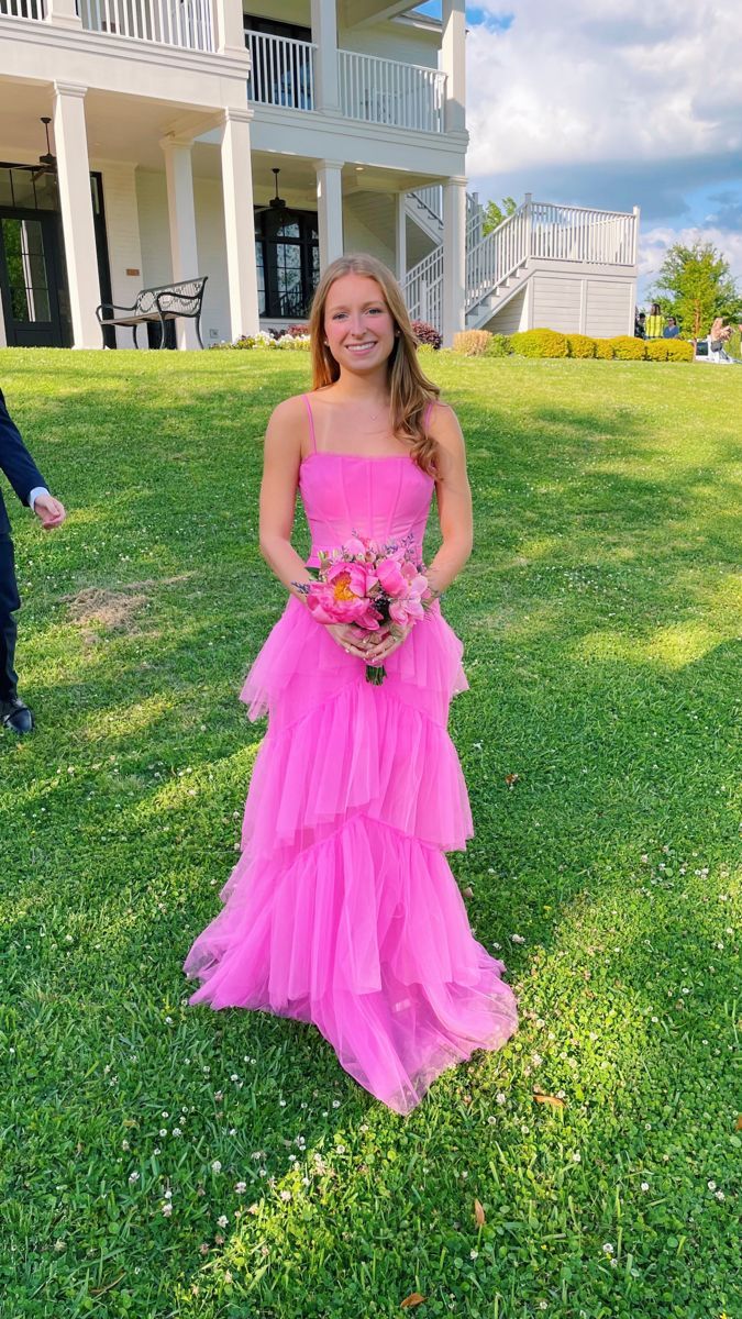 LTP0656,Pink spaghetti straps tulle long prom dress evening dresses ruffles full length HZ0307