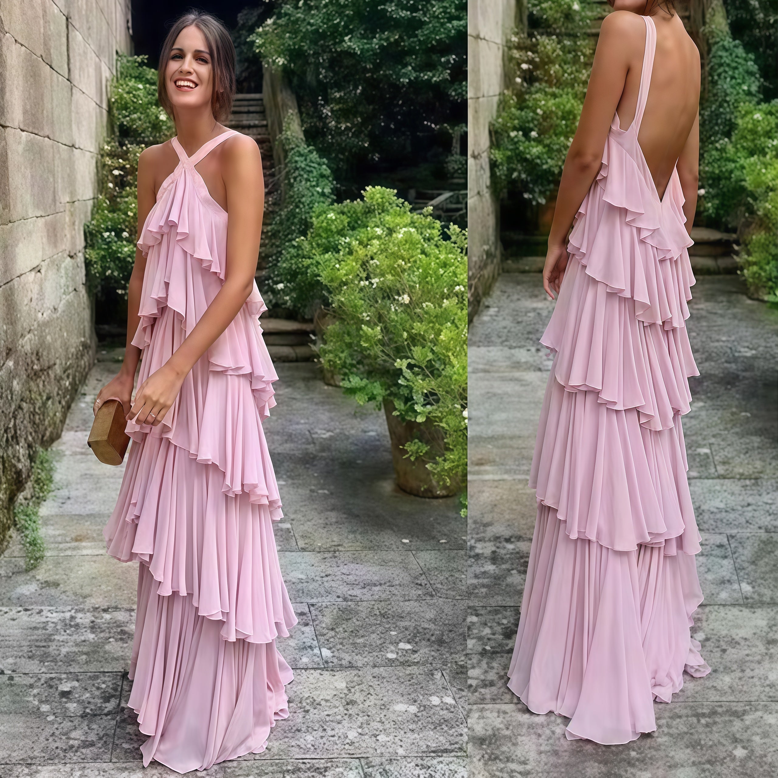 LTP1663,Halter Pink Chiffon Long Prom Evening Dresses Layers Chiffon Custom Made Party HZ0307