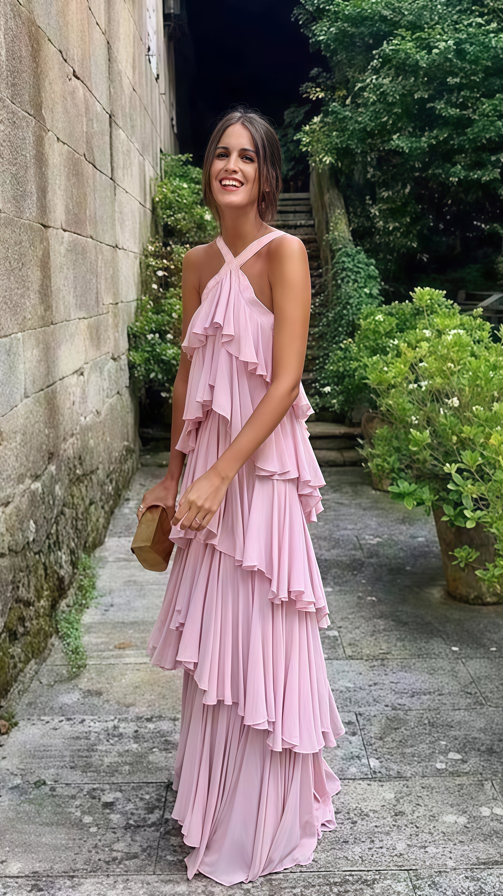 LTP1663,Halter Pink Chiffon Long Prom Evening Dresses Layers Chiffon Custom Made Party HZ0307