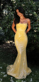 Lemon Yellow Sequined Mermaid Prom Dresses Long Evening Party HZ0307