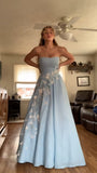 Light Blue A-Line Floral Evening Prom Dress, Sweetheart Floor Length Ball Gown, HZ0307