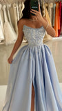 Light Blue Beaded Long Prom Dresses Ball Gown Evening Party Dress With HZ0307
