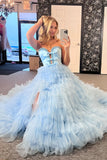 Light Blue Sweetheart Bowknot Party Dress, Ruffle Tulle Evening Dress, HZ0307