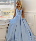 Light Blue V-Neck Prom Dresses Beaded Satin Evening Party Dress With HZ0307