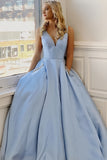 Light Blue V-Neck Prom Dresses Beaded Satin Evening Party Dress With HZ0307