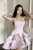 Lilac Pink Ruffle Homecoming Dresses Strapless Mini Party Dress Short Prom HZ0307