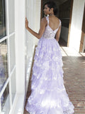 Lilac Sequin Lace Ruffles Prom Dress Split Evening HZ0307